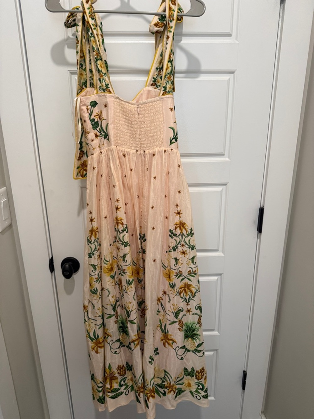 FARM Rio Pale Cream Midi Dress with Green & Yellow Floral Ties - Picture 3 of 5